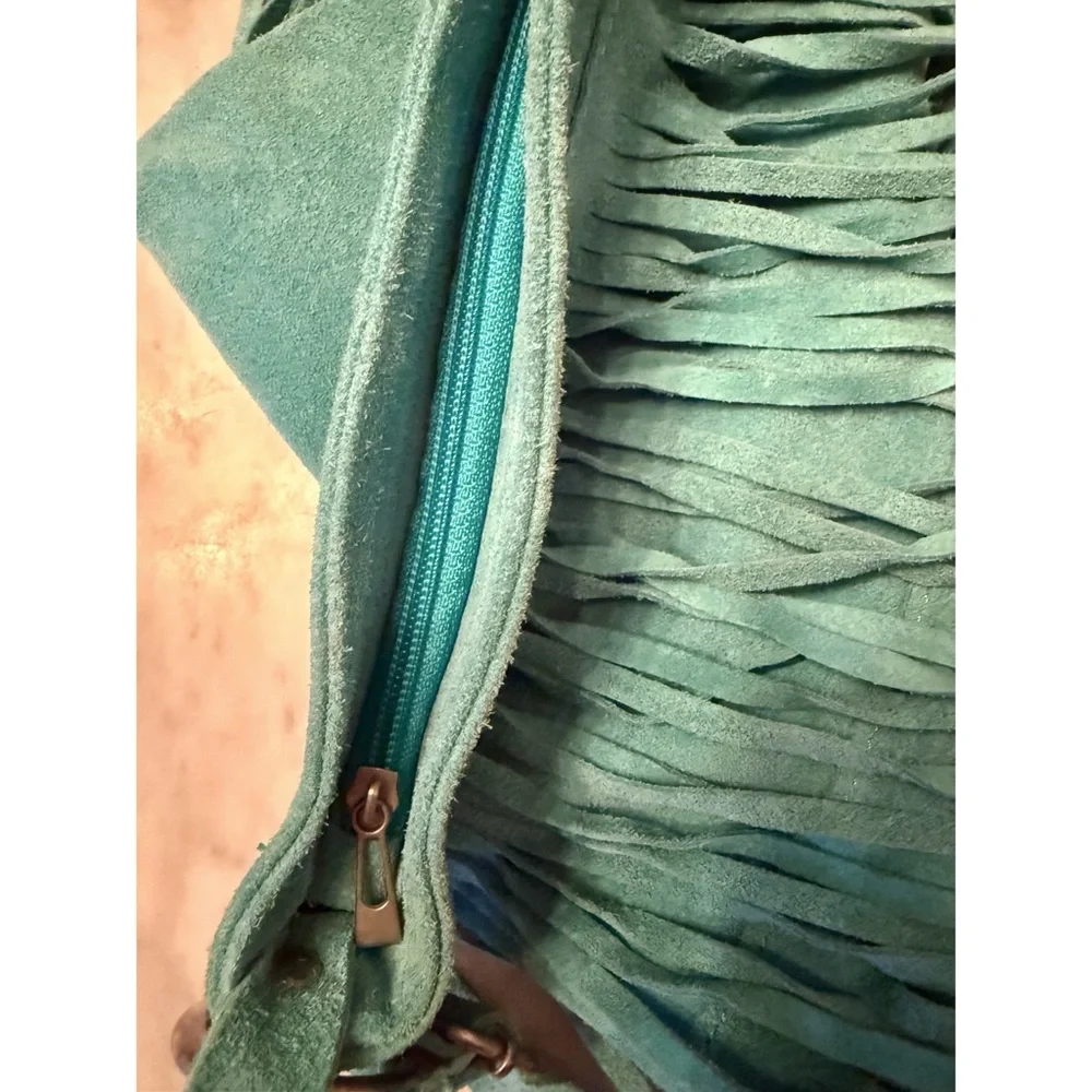 NEW LIATALIA ITALIAN SUEDE LEATHER BOHO TURQUOISE FRINGE CROSSBODY PURSE HANDBAG - Picture 8 of 14